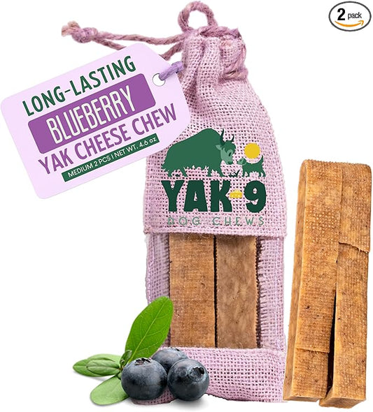 Yak9 Himalayan Yak Cheese Dog Chews, Blueberry | High Protein, Non Rawhide Dog Chews Long Lasting | Non GMO, Gluten Free, Grain Free Yak Milk Dog Chew | Medium Size (Breeds 15-30 Lbs), 2 PC