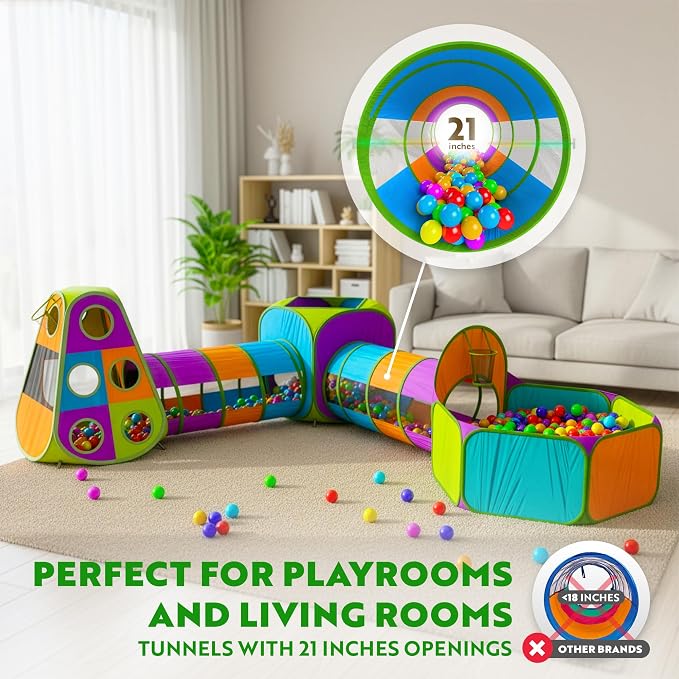 Playz 5-Piece Kids Pop up Play Tent Crawl Tunnel and Ball Pit with Basketball Hoop Playhouse for Boys, Girls, Babies, and Toddlers (Purple, Orange, Yellow, Red, Blue)
