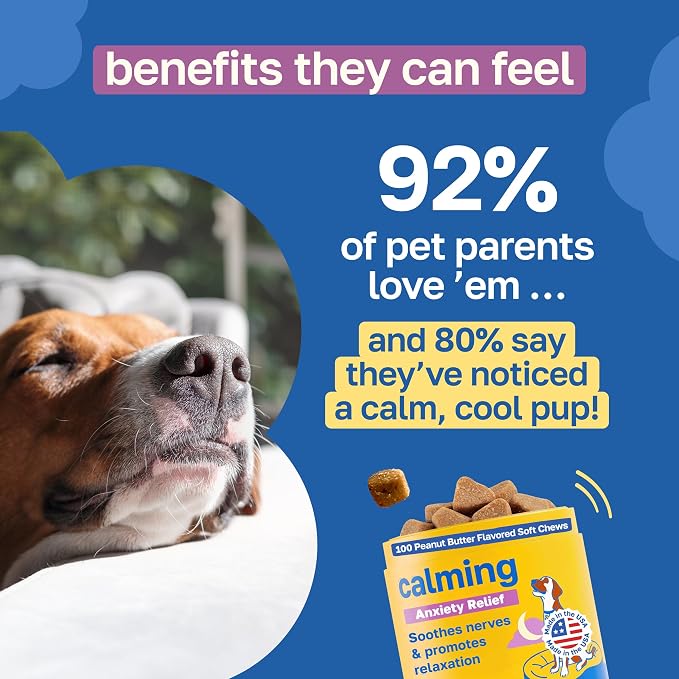 Happy Paws Calming Chews for Dogs, Relaxation & Anxiety Support for All Breeds & Ages, Dog Sleep Aid with L Theanine & Chamomile, Vegan Peanut Butter Flavor, Organic, Non GMO, 200 Soft Chews