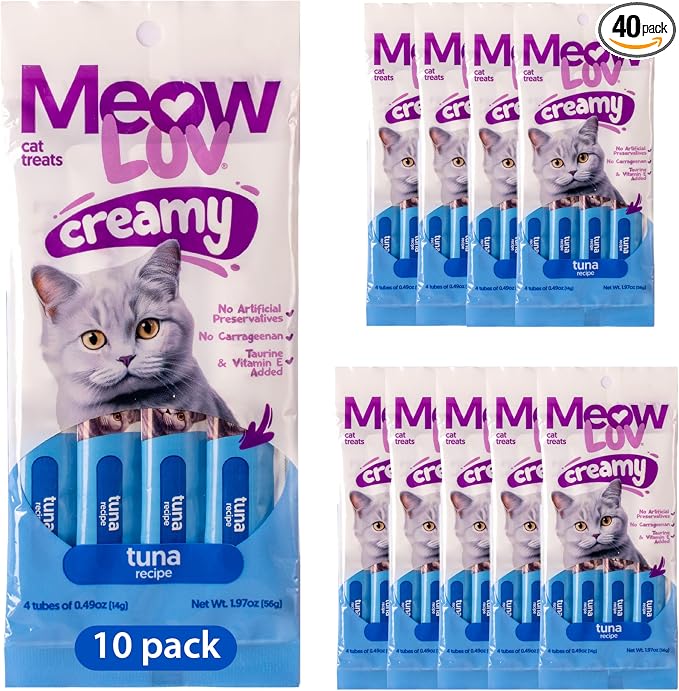 Ultra Chewy Meow Luv Lickable Cat Treats for Cats - Tuna Flavor Squeeze Tubes - Carrageenan Free, No Artificial Preservatives - Prebiotic Fiber, L-Taurine & Milk Thistle - 0.5 oz Tubes, Pack of 10
