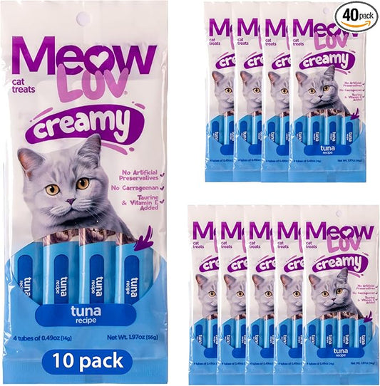 Ultra Chewy Meow Luv Lickable Cat Treats for Cats - Tuna Flavor Squeeze Tubes - Carrageenan Free, No Artificial Preservatives - Prebiotic Fiber, L-Taurine & Milk Thistle - 0.5 oz Tubes, Pack of 10