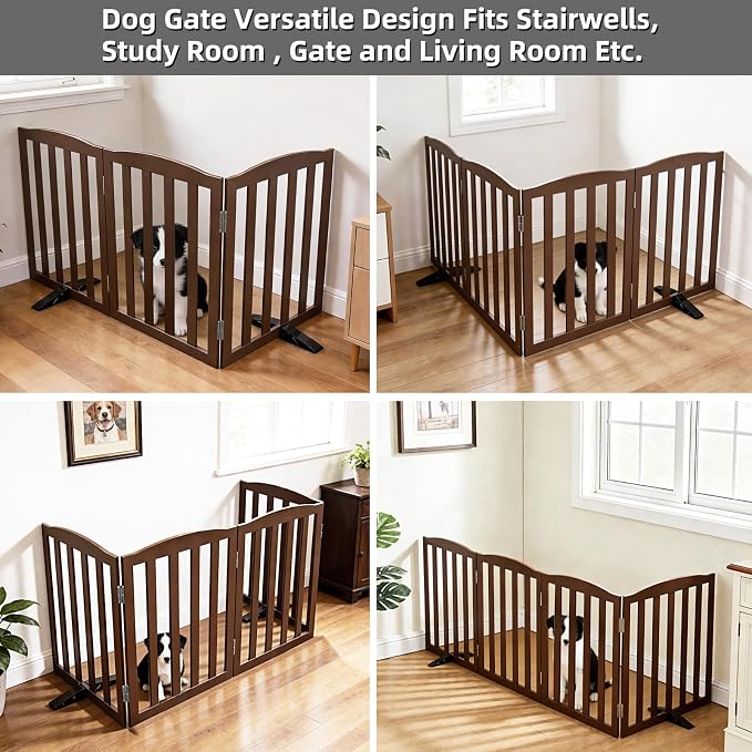 ZJSF Foldable Freestanding Indoor Dog Gate for House Wood Long Pet Gates Dog Fence for Stairs Puppy Gates for Hallways, Puppy Gate,Support Feet Included, Brown, 24 "Height-3 Panels