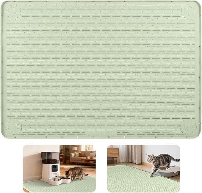 Cat Food Mat, 40" x 28" Cat Litter Mat Extra Large Silicone Pet Feeding Mat with Raised Edge Pet Placemat for Food and Water Bowl Non-Slip, Easy to Clean, Floor Protection (Green)