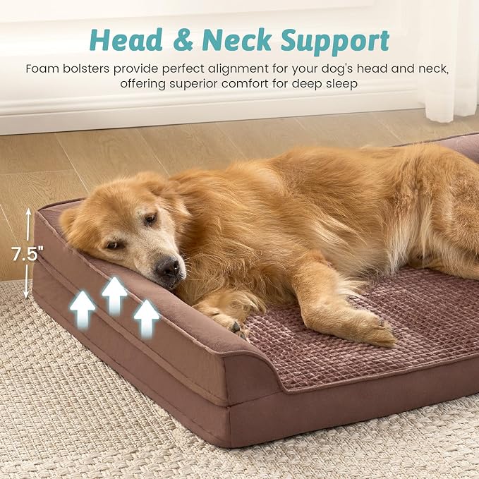 COZY KISS Orthopedic Dog Bed for Extra Large, XXL Dogs Bed, L Shaped Foam Anti-Slip Bottom Giant Pet Cat Sofa with Washable Cover, Suitable for Pet Up to 150 lbs, 48x35x8 inch, Brown ﻿