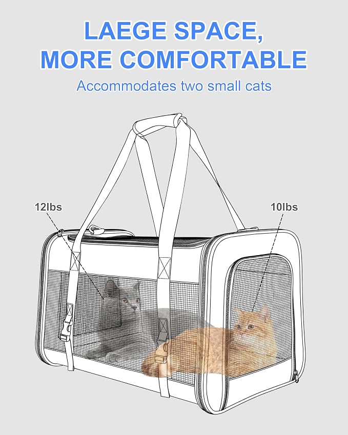 Soft-Sided Large Cat Carrier for 2 Cats, Spacious Foldable Pet Travel Carrier for Large Cats up to 25 Lbs, Double Cat Bag with Shoulder Strap, 20x13x13 Inch, Fits Maine Coon and Small Dogs, Blue