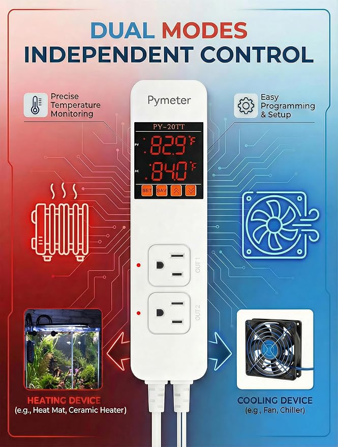 Digital Temperature Controller Dual Probe Reptile Thermostat Controlled Outlet for Terrarium Heat Mat Heating Pad, Switch Cooling Fan Freezer Fridge ON & Off at Setpoints 10A 1200W