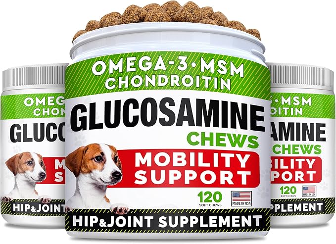 (Pack of 3) Glucosamine Treats for Dogs - Joint Supplement w/Omega-3 Fish Oil - Chondroitin, MSM - Advanced Mobility Chews - Joint Pain Relief - Hip & Joint Care - Chicken Flavor - Made in USA