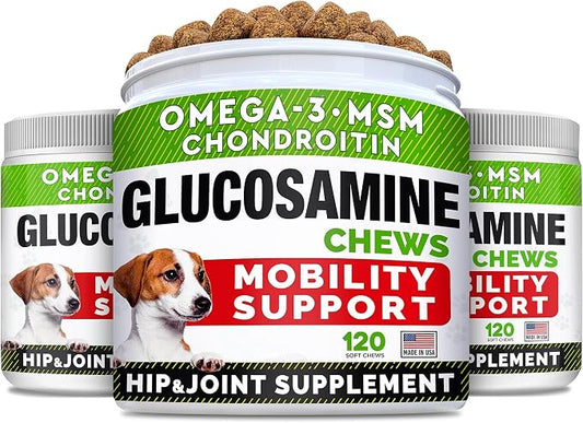 (Pack of 3) Glucosamine Treats for Dogs - Joint Supplement w/Omega-3 Fish Oil - Chondroitin, MSM - Advanced Mobility Chews - Joint Pain Relief - Hip & Joint Care - Chicken Flavor - Made in USA
