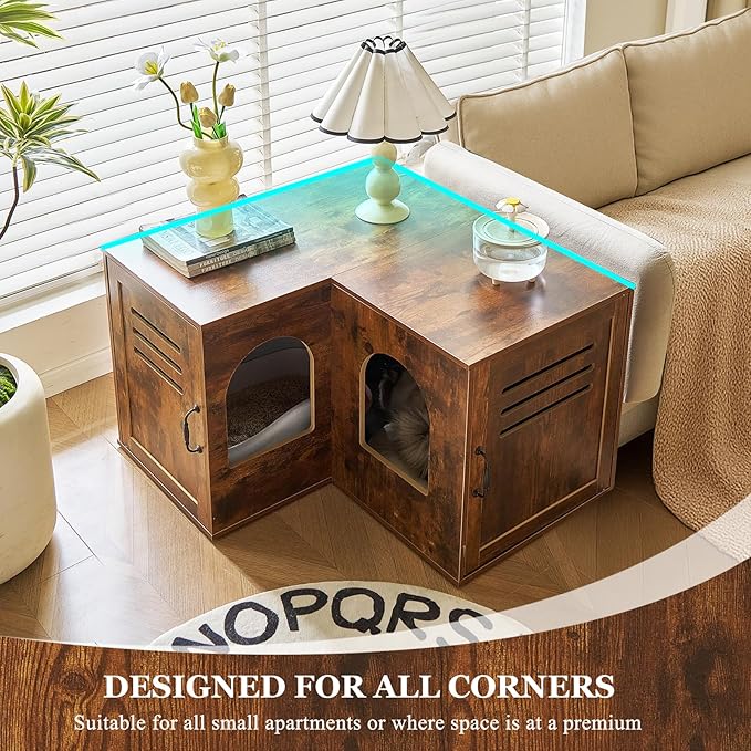 Corner Cat Litter Box Enclosure, 31.5" Hidden Litter Box Furniture for 2 Cats, Indoor Cat House End Table with Double Room, Vintage Brown