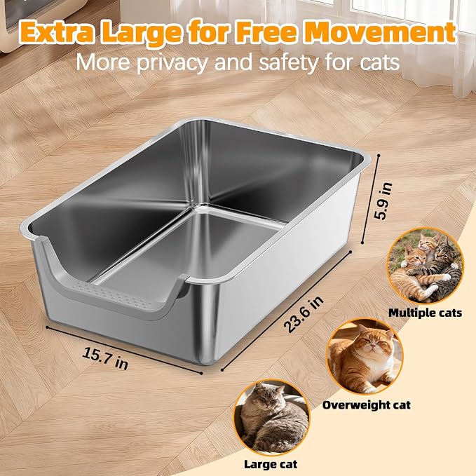 Stainless Steel Litter Box,Extra Large Metal Cat Litter Box with High Sides for Indoor Big Cats,Jumbo XL Washable Kitty Litter Boxes with Low Entry for Kittens&Senior Cats,Non Stick (Short-Side Entry)