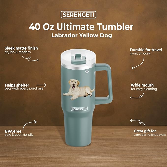 SERENGETI 40 Oz Ultimate Tumbler with Handle and Straw - Vacuum Insulated Tumbler with Straw and Lid - Stainless Steel Travel Mug for Pet Lovers - 3D Designs of your favorite Dog (Yellow Labrador)