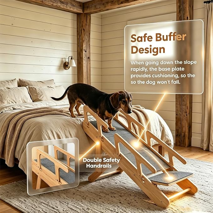 Double Safety Handrails 2 in 1 Adjustable Dog Stairs & Ramp for Small Medium Dogs & Old Cats, Foldable Wooden Pet Steps with Non-Slip Mat for Bed Couch Car Travel