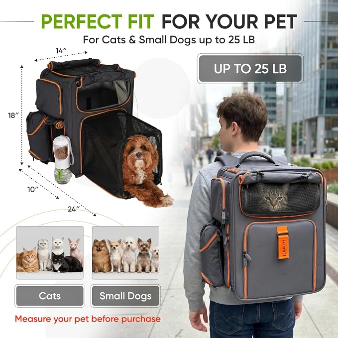 Premium Expandable Cat Carrier Backpack with Car Seat Belt Safety System – Rigid Frame Pet Carrier Backpack for Cats & Small Dogs up to 25 lbs – Breathable, Durable – Includes Bottle & Feeding Bowl