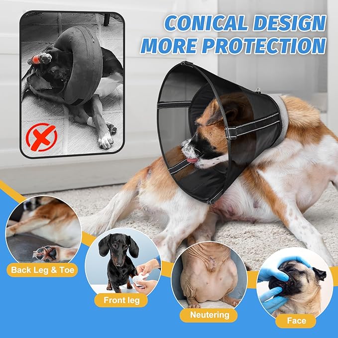 Dog Cone Collar to Stop Licking: Soft Mesh Recovery Collar After Surgery with Detachable Pad, Elizabeth Cone Alternative for Large Medium, Small Dogs, Normal Eating and Drinking,XL,Matte Black