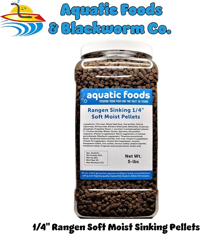 1/4" Soft Moist Sinking Salmon Pellets for Adult Axolotls, Shrimp, Snails, Crabs, Small Amphibians, Bottom Tropical Fish..5-lb Lg Jar