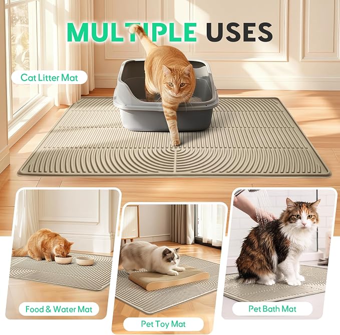 Pawtasy Cat Litter Box Mat,47" x 35" Extra Large Silicone Waterproof Litter Trapping Mat for Scatter Control Soft on Kitty Paws Non-Slip Easy to Clean