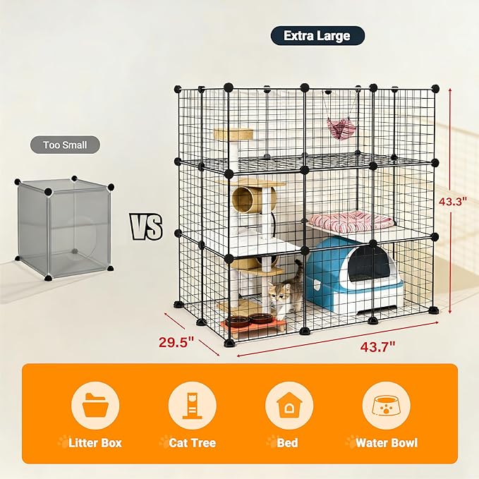 DIY Modular Cat Enclosure 3x3x2 Grid | Extra Large Indoor Cat Playpen | Foldable Black Wire Metal Cat Cage with Multi-Level Shelves | Approx. (43.7" x 29.5" x 43.3")