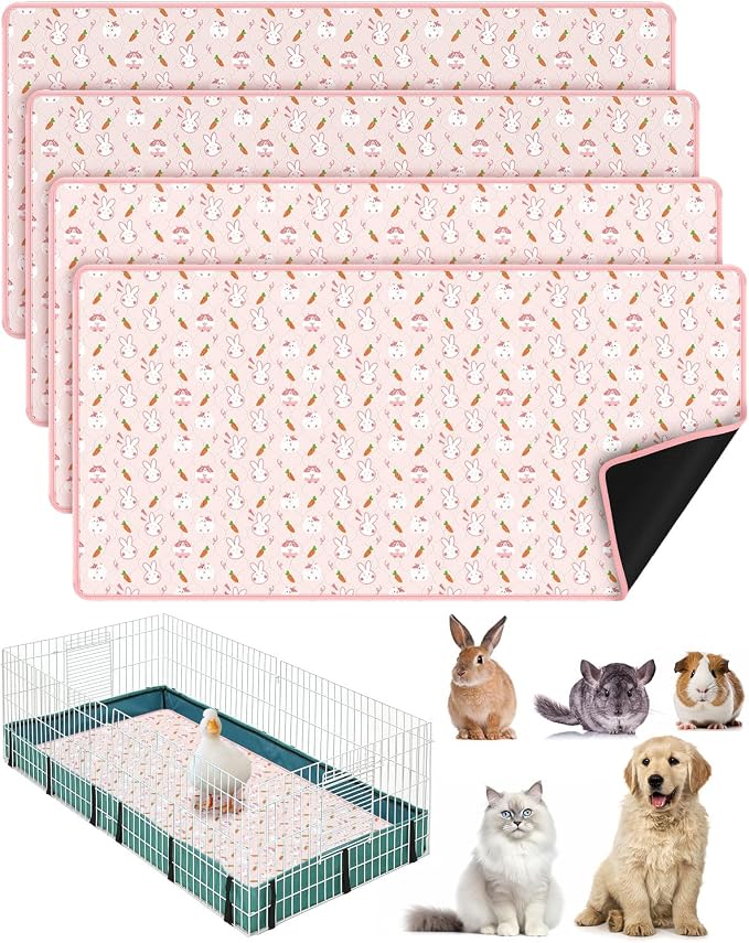 Bissap 4 Packs Guinea Pig Cage Liners, 47''X24'' Washable Guinea Pig Pee Pads Non Slip Reusable Fast and Super Absorbent Bedding for Small Animals Rabbit Hamster Chinchillas Rat - Pink