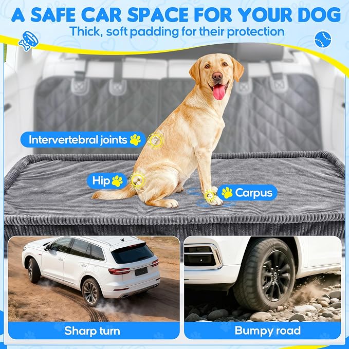 Dog Car Bed, Non-Slip Backseat Extender Pet Mat, Removable Washable Dog Bed for SUVs, Sedans & Trucks, Anti-Slip Travel Bed for Dogs, Easy Clean & Scratch-Proof & Comfort 56" Lx28.7 M×2" H Dark Gray