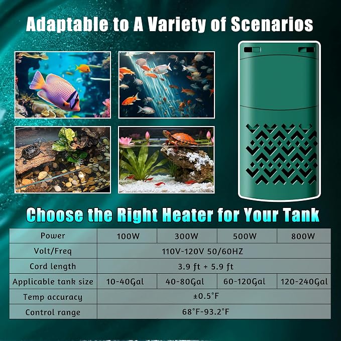 300W Smart Aquarium Heater Submersible with Variable-Frequency Energy Savings, Dual Probes for Leaving Water Automatically Stop, PTC Tech for Overheat Protection, Adjustable for Freshwater, Saltwater