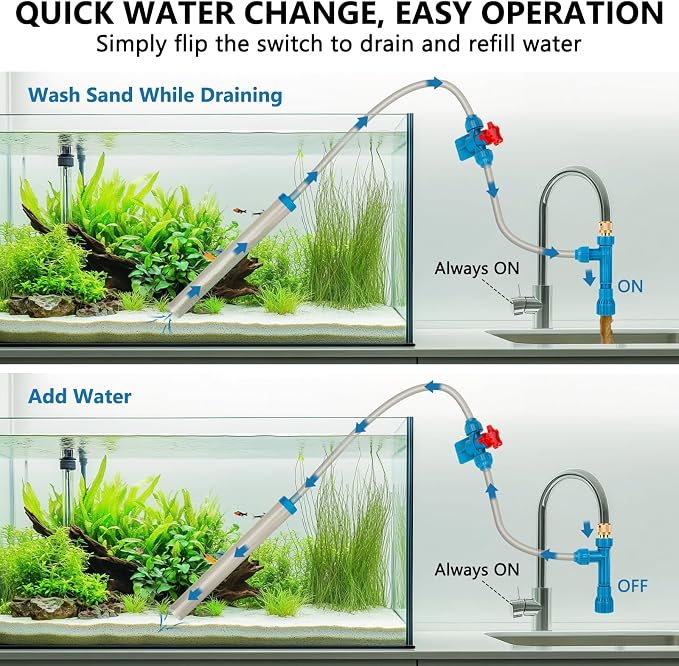 fishkeeper 50FT Aquarium Gravel Vacuum Water Changer - Flow Adjustable Faucet Universal Siphon Quick Pump with 6 Adapters, Bucket-Free Fish Tank Cleaning Tools for Drain & Fill (2025 NEW)
