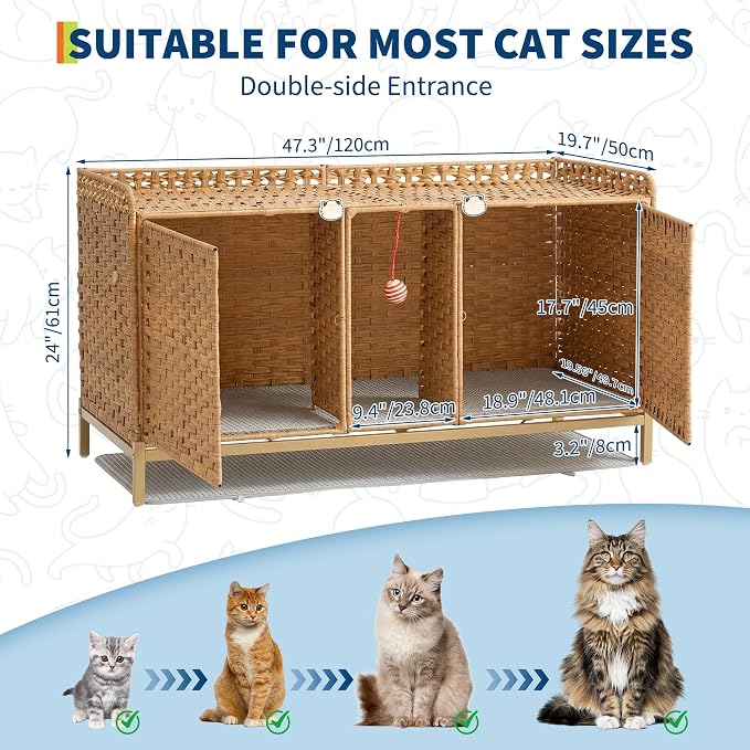 Rattan Litter Box Enclosure Double Cat Hidden Litterbox Furniture with Removable Litter Mat,Ball & 2 Hooks, Natural Cat House End Table, Easy Assembly, 47.2" l x 19.7" w x 23.6" h Natural