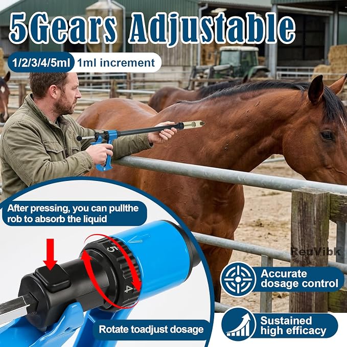 50 ML Livestock Iong Shot Pole Syringe, Cattle Syringe Gun | with Luer Lock 5 Gears Adjustable Continuous Repeating Veterinary Vaccine Injector for Cattle, Horses, Sheep & Pigs