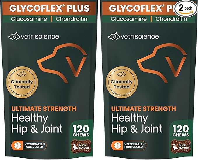 VetriScience Ultimate Strength Healthy Hip & Joint Chews, GlycoFlex Glucosamine, Chondroitin & GreenLipped Mussel Support Supplement for Dogs, Soothe Joint Discomfort, Duck,120 Ct (Pack of 2)