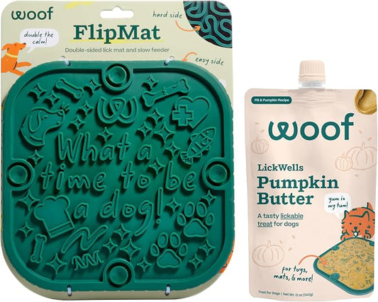 WOOF FlipMat Easy-to-Clean Lick Mat for Dogs + LickWells Pumpkin Butter - Dog Lick Mat Spread and Meal Topper for the FlipMat and LickMat