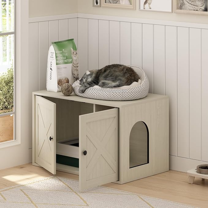 Furinno Peli Farmhouse Cat Litter Box Enclosure, White Wash