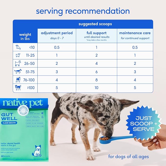 Native Pet GutWell Clean Breath - Dog Breath Freshener & Dog Teeth Cleaning Powder Cold-Pressed to Reduce Plaque, Tartar & Promote Oral Health with Triple-Biotic Blend, Brown Algae & Zinc -120 Scoops