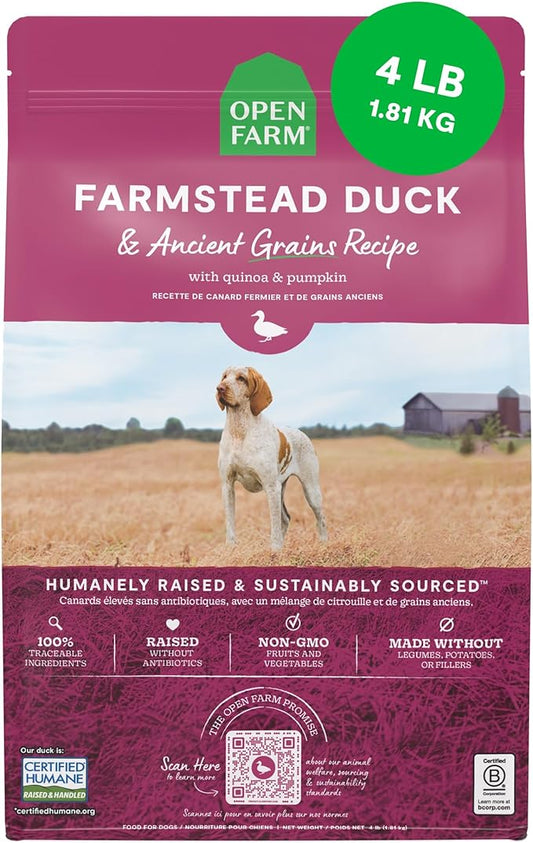 Open Farm, Ancient Grains Dry Dog Food, Protein-Rich & Nutrient Dense, 90% Animal Protein Mixed with Non-GMO Fruits, Veggies and Superfoods, Farmstead Duck Recipe, 4lb Bag