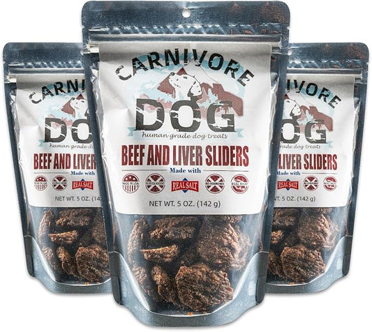 Carnivore Dog Treats, Human Grade, Grass-fed and Finished Beef Made with Redmond Real Salt, No Additives - Healthy, Chewy, Training Snacks or Treats for All Breeds, Beef Liver Slider, Pack of 3