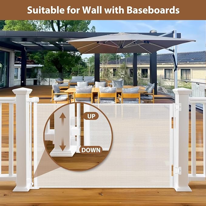 100" Wide Weatherproof Outdoor Retractable Gate for Dogs with No Rust Screws and Rods, Waterproof 8 Ft Extra Long Baby Gates for Large Openings, Scratch-Resistant Mesh Retractable Baby Gates, White