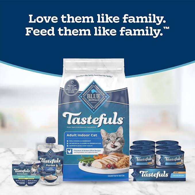 Blue Buffalo Tastefuls Purées Variety Pack Wet Cat Food Complement (Salmon, Chicken, Tuna, Beef) Made with Natural Ingredients, for All Life Stages, 3-oz. Resealable Pouches (12 Count)