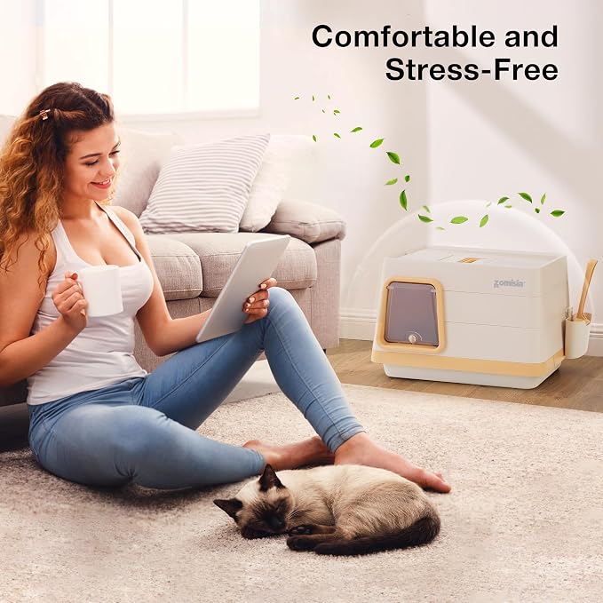 ZOMISIA Stainless Steel Cat Litter Box, Extra Large Covered Litter Box with Lid, Scoop, Odor Control Filter, XL Side/Top Entry Enclosed Cat Boxes for Big Kitty, Khaki