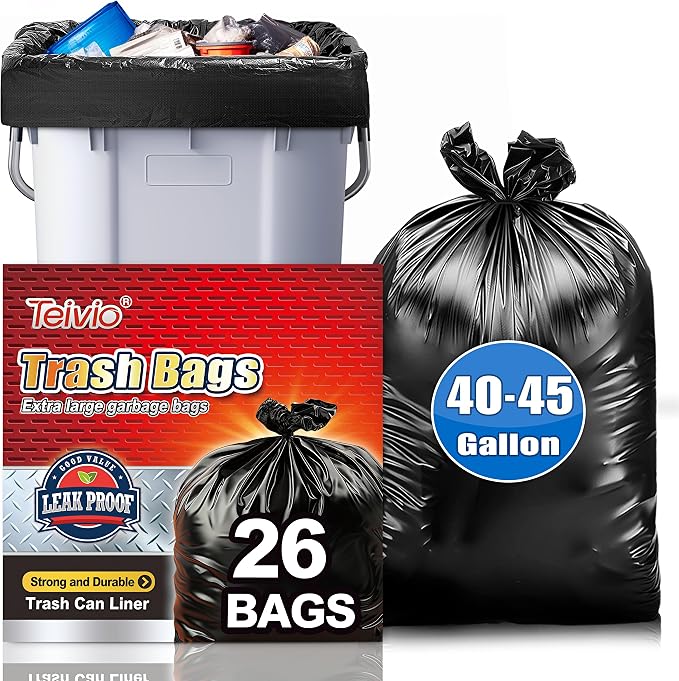Teivio Black Large Trash Bags 40-45 Gallon 26 Count | Large Multipurpose | Fit 35,39,40,42,45 gallon Garbage Bin Liner | Kitchen | Lawn And Leaf Bags Outdoor Yard Waste Bag | Workshops Trash