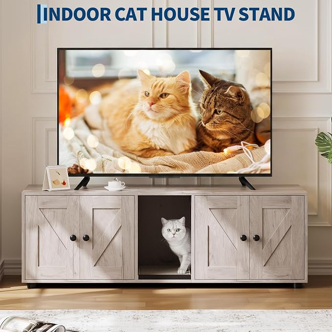 Garvee Cat Litter Box Enclosure for 2 Cats, Hidden Litter Box Furniture Cabinet with Double Room, Double Cat Litter Box Enclosure, Indoor Cat House, 43.4 x 18.1 x 17.7 Inches