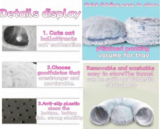 Cat Bed, cat Tunnel, Foldable Machine Washable Plush cat Bed, Grey (33.46 inches), with Hanging Toys, Suitable for Multiple