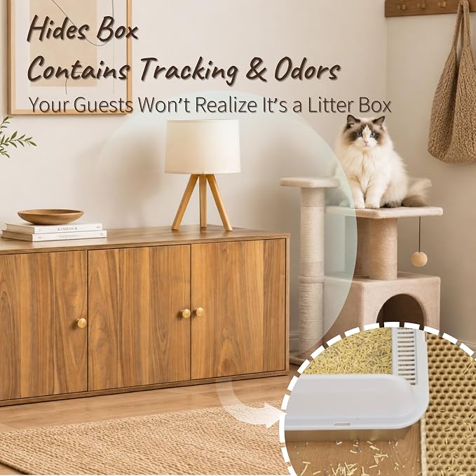 Cat Litter Box Enclosure Furniture with Storage, Hidden Litter Box Cabinet 42.5"L x 18.5"W x 16.9"H Double as Cat House TV Stand End Table for Living Room, Midcentury Modern Style (Oak, Plain Doors)