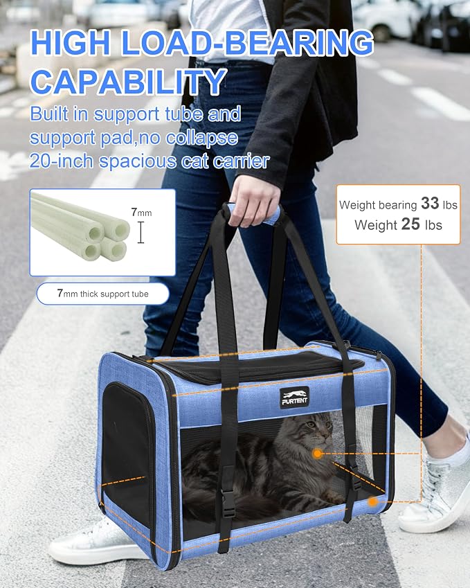 Soft-Sided Large Cat Carrier for 2 Cats, Spacious Foldable Pet Travel Carrier for Large Cats up to 25 Lbs, Double Cat Bag with Shoulder Strap, 20x13x13 Inch, Fits Maine Coon and Small Dogs, Blue