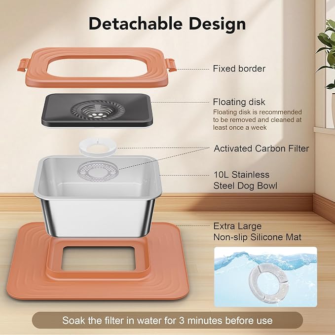 Decflow 10L Stainless Steel Dog Water Bowl, No Spill Anti-Splash Dog Bowls with XXL Silicone Mat, Spill-Proof Slow Feeder for Messy Drinkers, Heavy Duty Pet Bowls for Indoor/Outdoor Use Pink