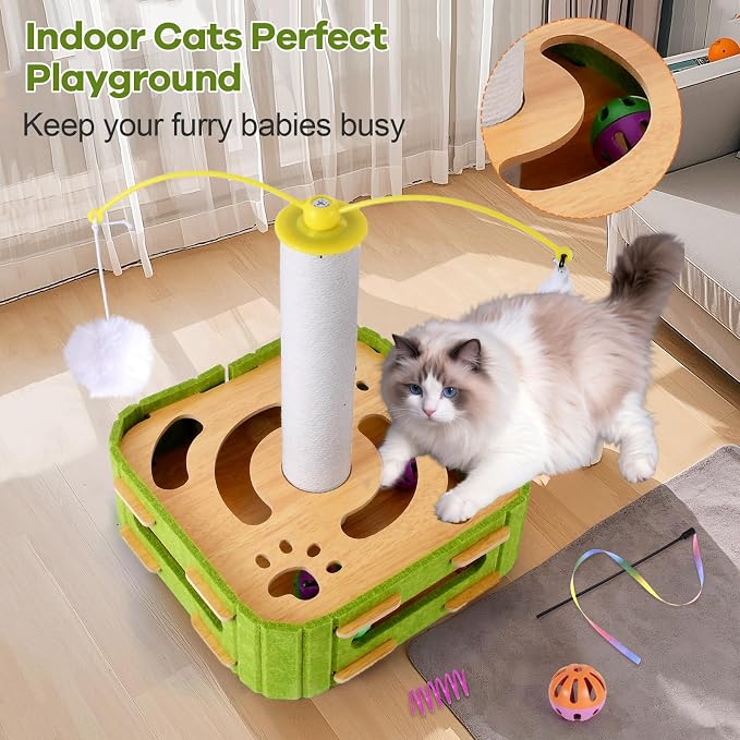 Cat Puzzle Box Toy for Indoor Cats Boredom Relief Interactive Wooden Cat Enrichment Maze with Jingle Balls, Feather Wands & Spiral Springs, Slow Feeder Treat Dispenser for Kittens & Adult Cats