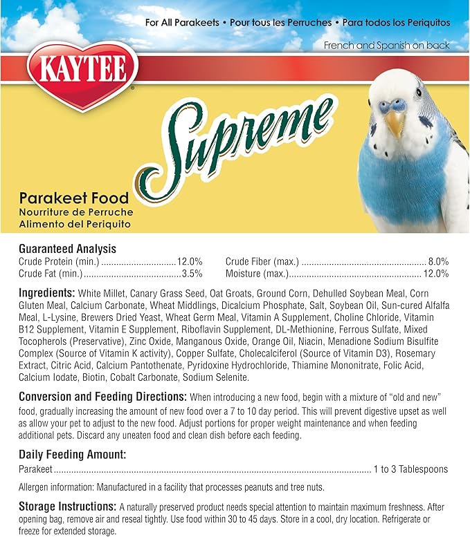 Kaytee Supreme Parakeet Food, for Pet Birds, 20 Pounds