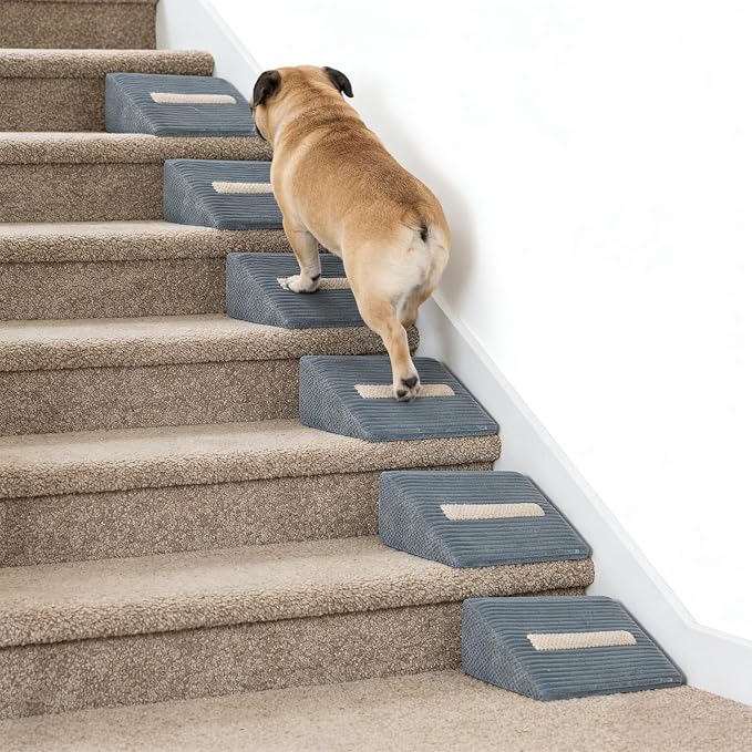 Foam Dog Ramp for Stairs, Low-Impact Climbing Dog Stairs for Senior Dogs | 5.1"H, 6 Pack, 40D High-Density Foam Won't Collapse, Protects Joints, Anti-Slip & Self-Sticky Pads, Washable Cover, Grey