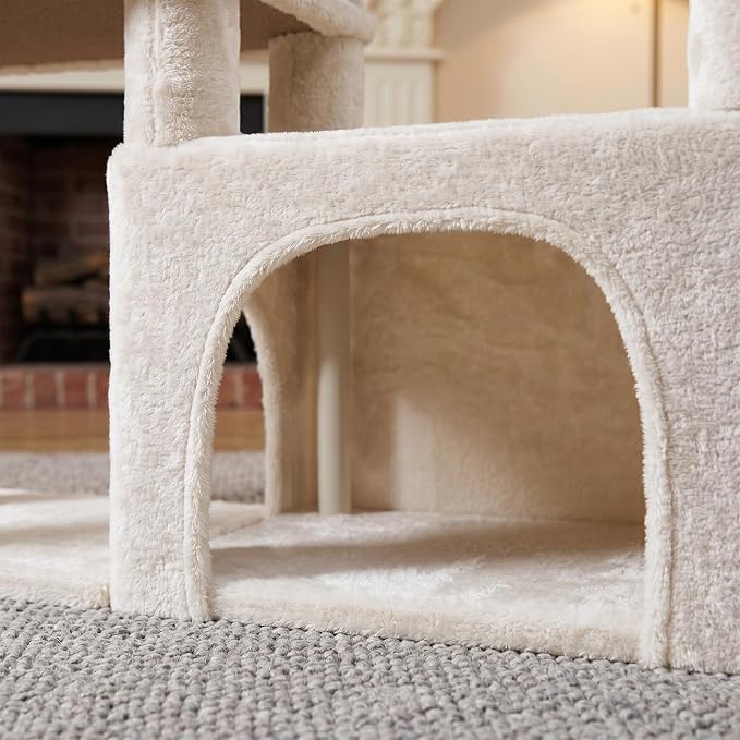 商品图片 YUNIQUE Multi-Functional Cat Tree Tower, Big Cat Condo with Scratching Board, Rotating Toy & Deep Hammock, Luxury Perch Kitty Furniture for Indoor Cats (White)