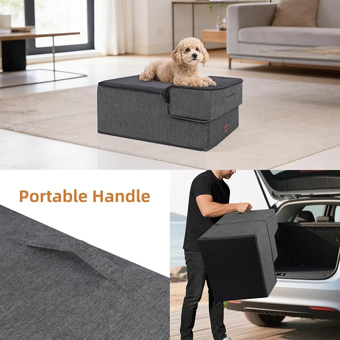 Dog Stairs for Small Dogs, 13.5" H, 3-Step Pet Steps for Bed Couch Sofa and Chair, Non-Slip Balanced Pet Ramp for Injured & Senior Pets with Washable Cover and Durable High Density Foam, Grey