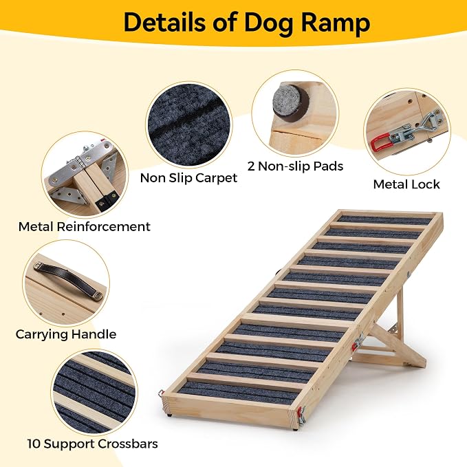 Dog Ramp for Bed, Couch, Car-55 L Gentle Slope Folding Pet Ramp with Non-Slip Surface and Metal Reinforced-High Traction,4 Adjustable Heights 18"-25", Supports 176lbs for Small Medium Large Dogs