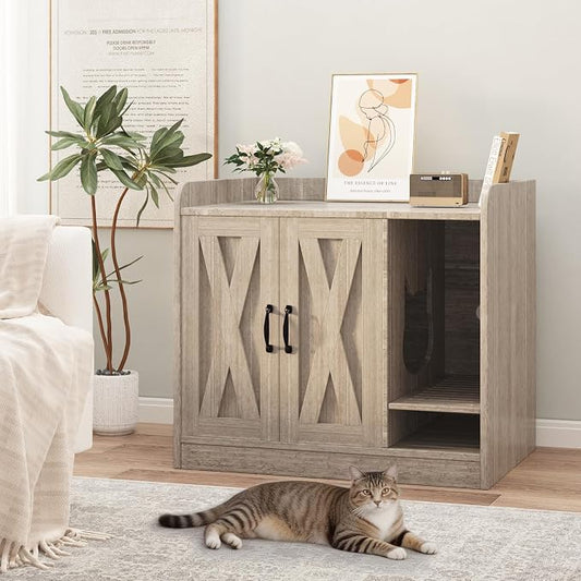 Cat Litter Box Enclosure,Hidden Litter Box Furniture with Divider,Indoor Cat House,Wooden Cat Washroom Storage Cabinet Bench, Side End Table Nightstand, 33.07" L × 23.62" W × 23.92" H,Light Gray