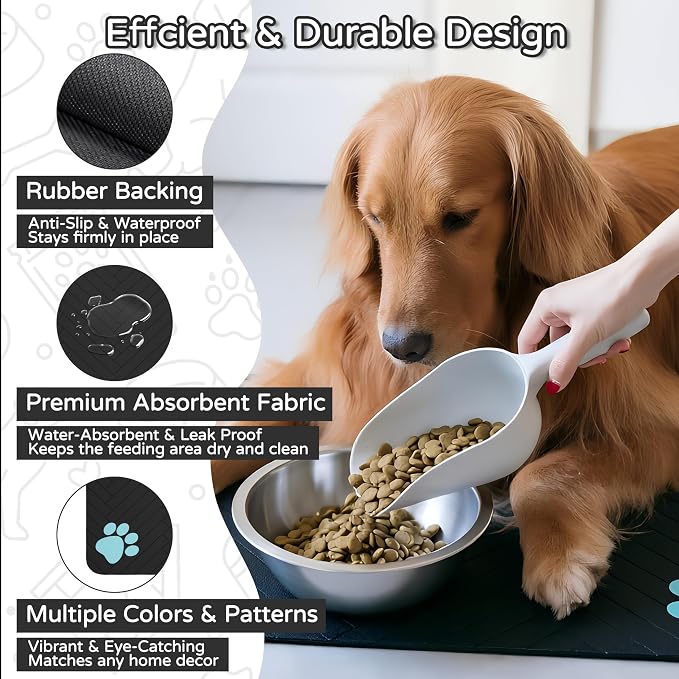 Pet Feeding Mat-Absorbent Dog Feeding Mat for Food and Water Bowl,No Stains Pet Placemat,Quick Drying Water Dispenser Mat for Dog and Cat,Easy to Clean Dog Accessories(L,Black Blue Paw)